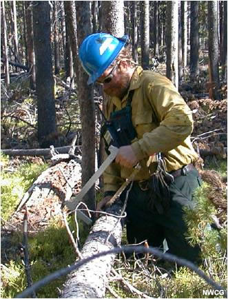 Foto de un bombero que obtiene muestras de combustibles para determinar su contenido de humedad.