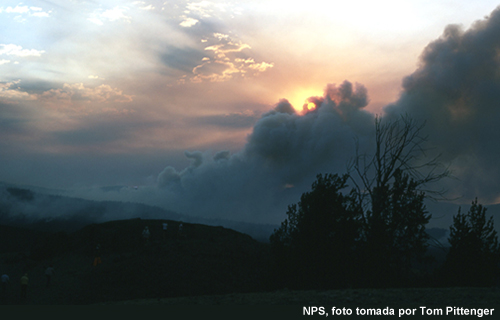 Foto de fuego y humo en terreno montañoso