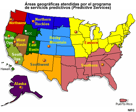 Mapa de las áreas geográficas atendidas por el programa de servicios predictivos (Predictive Services) de los EE. UU.