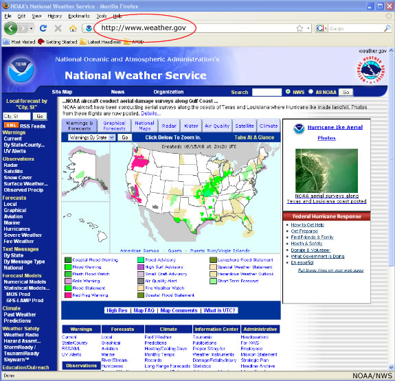Pantallazo de la portada del National Weather Service