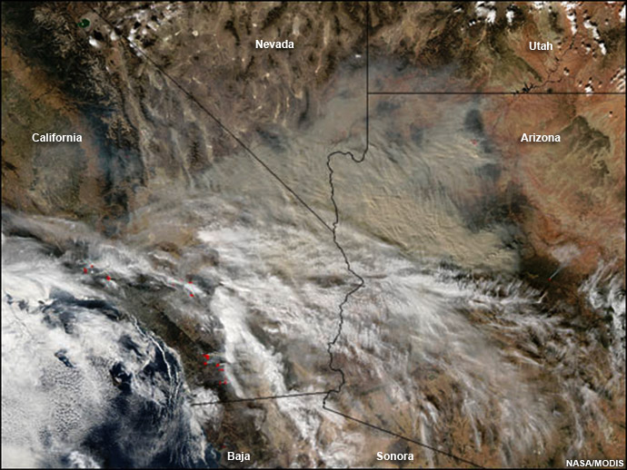 Satellite image of smoke over the interior southwest, 26 Oct 2003.