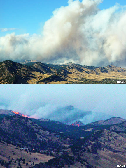 Photographs of the wildfire looking north from Boulder, Colorado.
