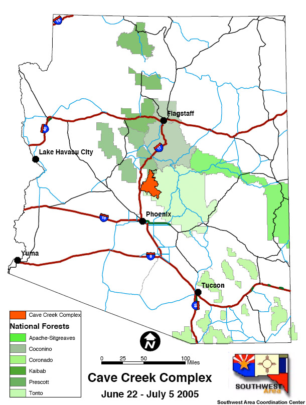 Arizona map with Cave Creek Complex burn area highlighted.