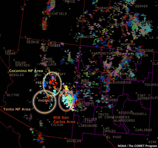 Lightning map with Coconino, Tonto, and San Carlos highlighted.