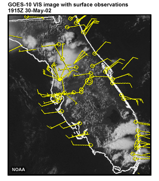 Satellite visible image with overlaid surface wind observations, 1915 UTC, 30 May 02.