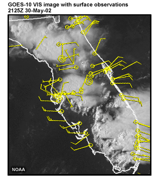 Satellite visible image with overlaid surface wind observations, 2125 UTC, 20 May 02.