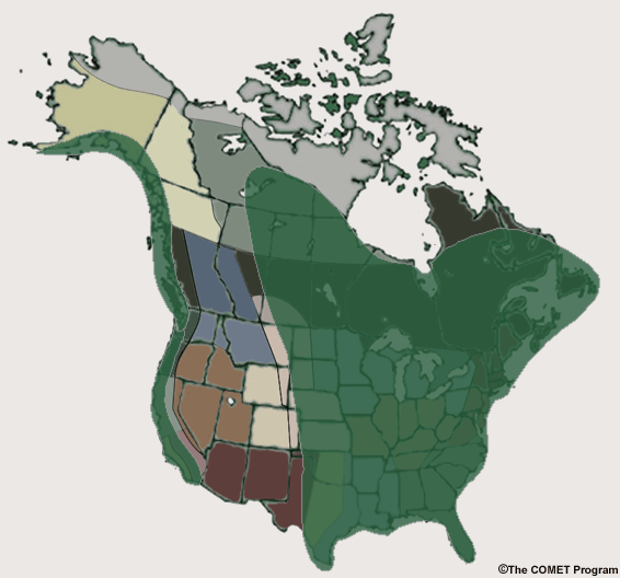 Map showing the regional distribution of the post-frontal pattern.