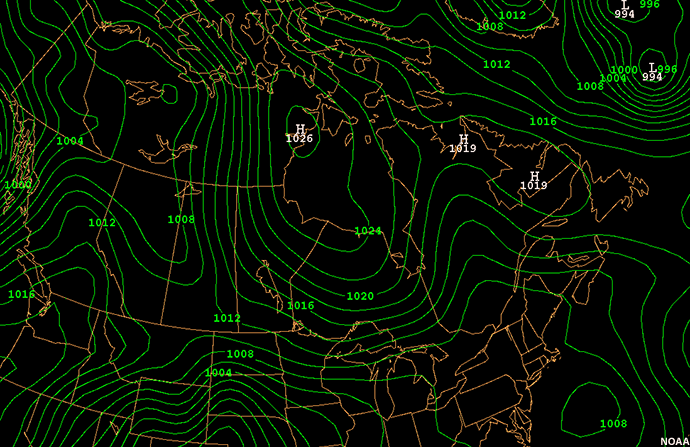 AVN plot of mean sea level pressure over central/eastern Canada and U.S. northern tier states.