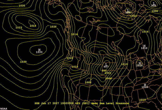 GFS plot of mean sea level pressure over western North America and the eastern Pacific.