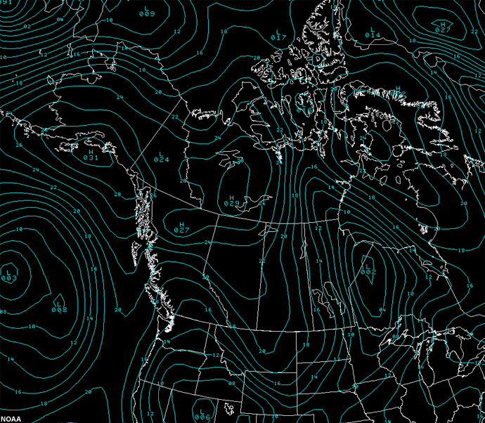 Plot of mean sea level pressure over northern North America, 00 UTC 14 May 2007.