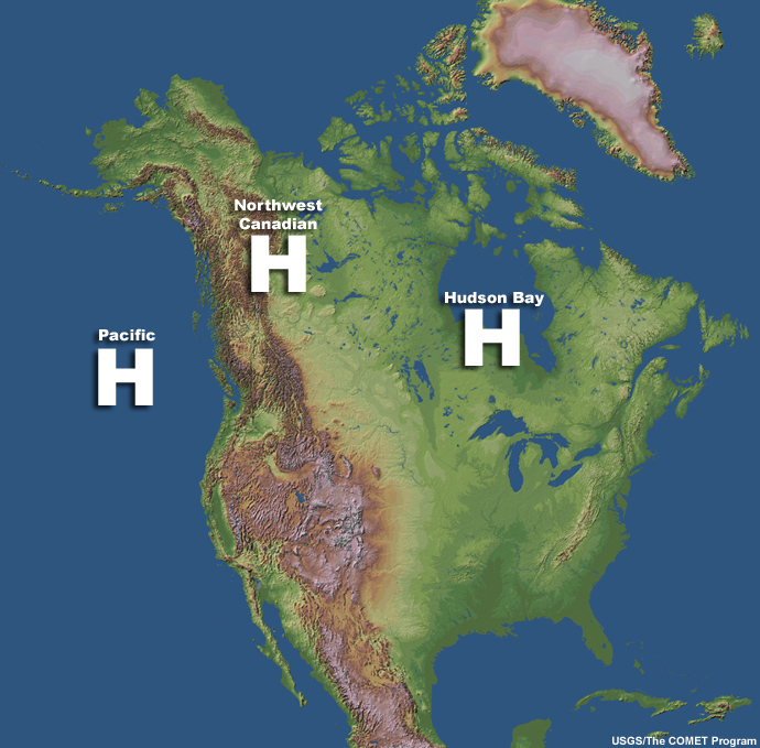 North America topography with Pacific, NW Canadian, and Hudson Bay air mass source regions.