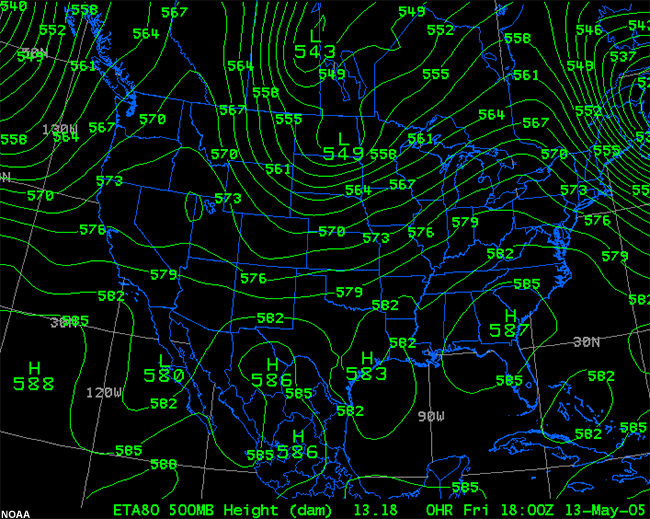ETA80 500hPa heights, 18 UTC, 13 May 2005.