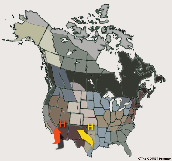 Map showing moisture surges advecting from both the Gulf of Mexico and the Gulf of California.