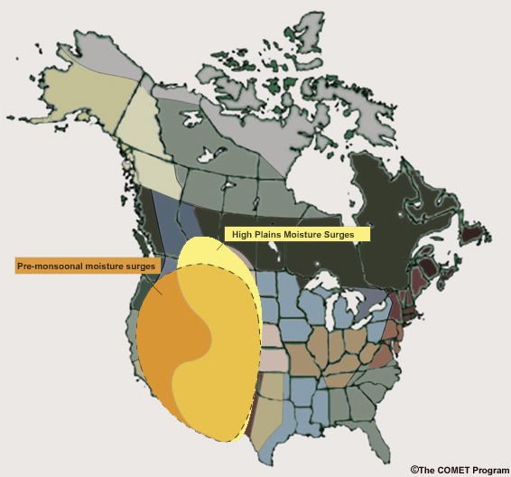 Map showing regional distributions of High Plains and pre-monsoonal moisture surge patterns.