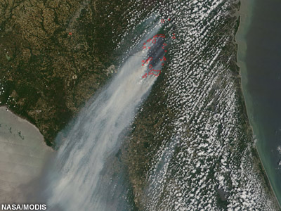 Satellite image of massive smoke plumes drifting southwestward over northern Florida.