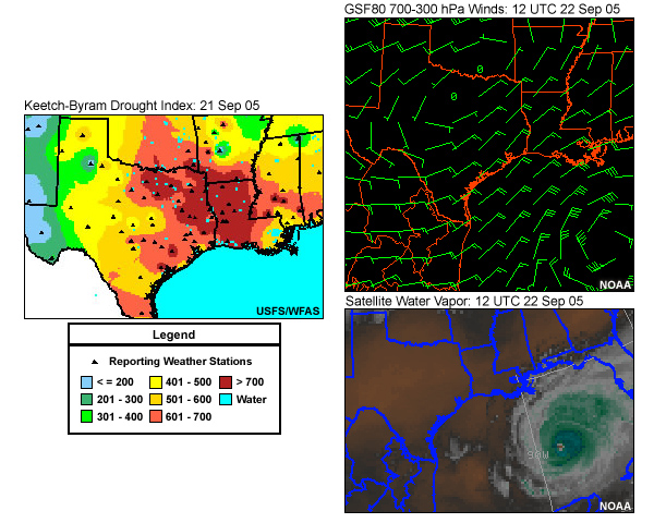Keetch-Byram drought index, mid-level wind field, and satellite water vapor images illustrating the tropical storms fire weather pattern.
