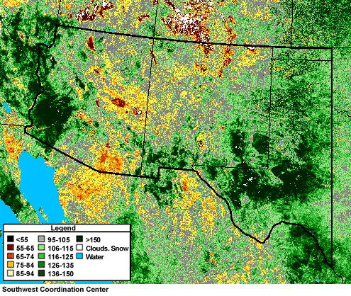 map showing departure from average greenness