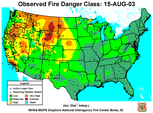 map showing fire danger rating for August 2003