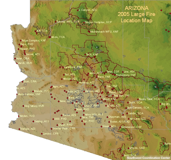 map of large fire locations in Arizona