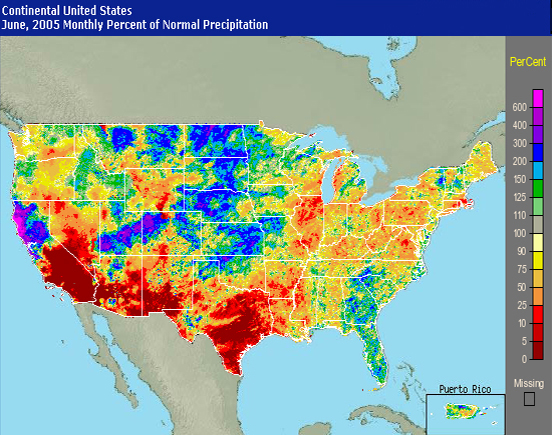 graphic of percent of normal precipitation for June 2005