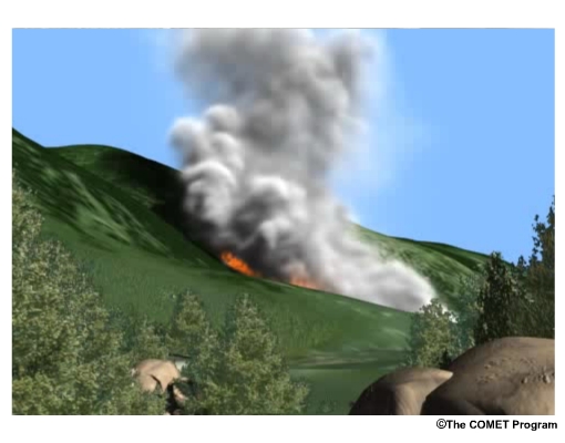 Fire and wind conditions in a mountain valley during the day as seen from the Incident Command Center.