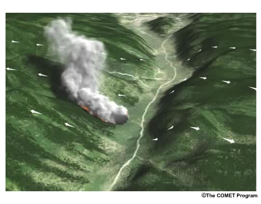 Fire and wind conditions in a mountain valley during the day with up valley wind formation.