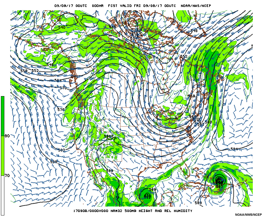 A loop of the NAM 500 mb geopotential height and relative humidity from 00 UTC on September 8 through 00 UTC September 16, 2017.
