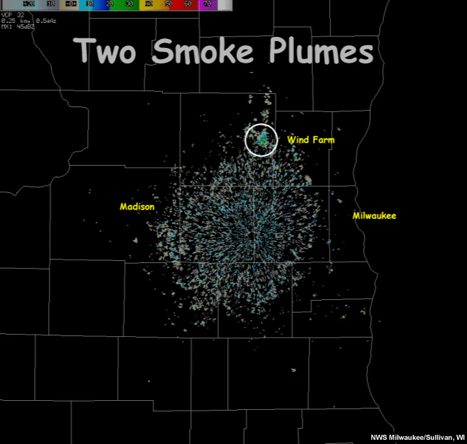 Radar reflectivity loop showing two smoke plumes resulting from prescribed burns by the Wisconsin Department of Natural Resources.