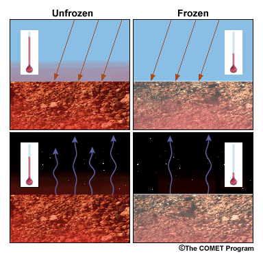 A frozen surface warms less than an unfrozen surface during the day. This occurs because the temperature of frozen ground cannot rise above the melting point until ice at the surface is thawed. In contrast, the temperature of unfrozen ground will start to rise immediately with daytime heating.