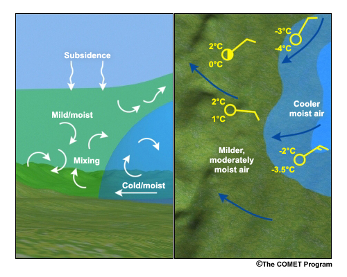 In this graphic, the left-hand side is a cross-section through the area, and the right-hand side is a plan view. The cooler air mass advecting in and replacing the milder and relatively drier air. As it advects in, the cooling of the surface and the upslope flow also force the air up the terrain feature. And finally, the large-scale subsidence aloft is conducive to the formation of fog and stratus in the region.