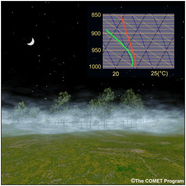 Radiative cooling progresses to the point that the air just above the ground becomes supersaturated and fog droplets form by condensation. The inset map shows examples for the midlatitudes and for the humid tropics.