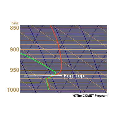 A skew-T diagram showing the top of the temperature inversion located 50 meters below the fog top. The inversion top is at 960 hPa.