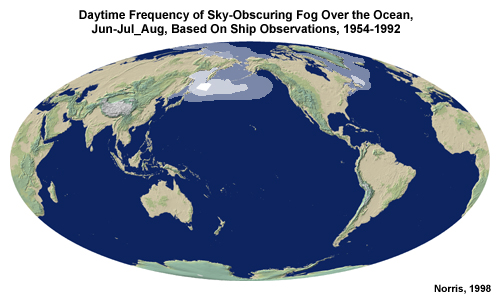 Daytime frequency of sky-obscuring fog over the ocean for June, July, and August based on ship observations from 1954 to 1992. The major areas are in the northern Pacific and Atlantic.