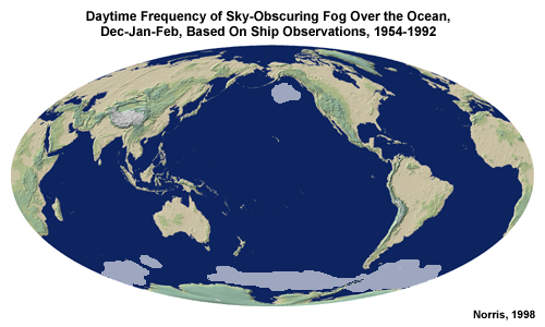 Daytime frequency of sky-obscuring fog over the ocean for December, January, and February based on ship observations from 1954 to 1992. The major areas are in the northwest Pacific Ocean and areas surrounding Antarctica.
