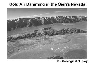 Cold air damming in the Sierra Nevada in the US.