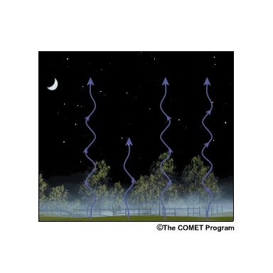 During the initial stage of fog formation, cooling continues at and near the surface until the fog depth reaches several meters, deep enough to begin to absorb and re-emit radiation originating from the earth.