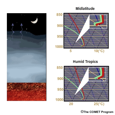 As the fog deepens, less and less radiation is able to escape from the surface and lower portion of the fog layer. The fog blankets the lower levels, restricting radiative heat loss. The inset map shows examples for the midlatitudes and for the humid tropics.
