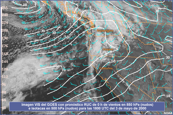 Imagen VIS del GOES con pronóstico RUC de 0 h de vientos en 850 hPa (nudos) e isotacas en 500 hPa (nudos) para las 1800 UTC del 3 de mayo de 2000