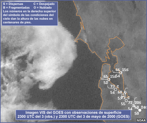 Imagen VIS del GOES con observaciones de superficie 2300 UTC del 3 (obs.) y 2300 UTC del 3 de mayo de 2000 (GOES)