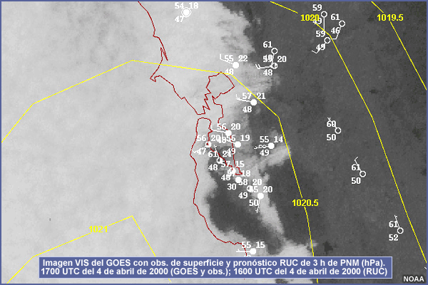 Imagen VIS del GOES con obs. de superficie y pronóstico RUC de 3 h de PNM (hPa). 1700 UTC del 4 de abril de 2000 (GOES y obs.); 1600 UTC del 4 de abril de 2000 (RUC)