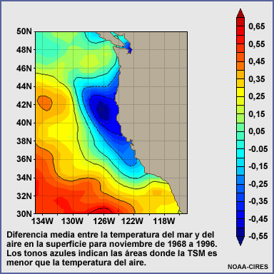 Diferencia media entre la temperatura del mar y del aire en la superficie para noviembre de 1968 a 1996