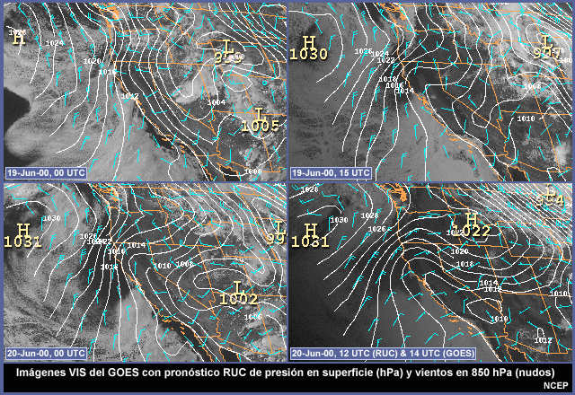 Imágenes VIS del GOES con pronóstico RUC de presión en superficie (hPa) y vientos en 850 hPa (nudos)