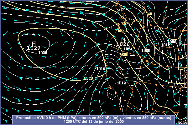 Pronóstico AVN 0 h de PNM (hPa), alturas en 500 hPa (m) y vientos en 850 hPa (nudos) 1200 UTC del 13 de junio de 2000