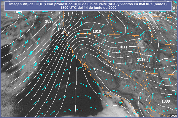 Imagen VIS del GOES con pronóstico RUC de 0 h de PNM (hPa) y vientos en 850 hPa (nudos) 1800 UTC del 14 de junio de 2000