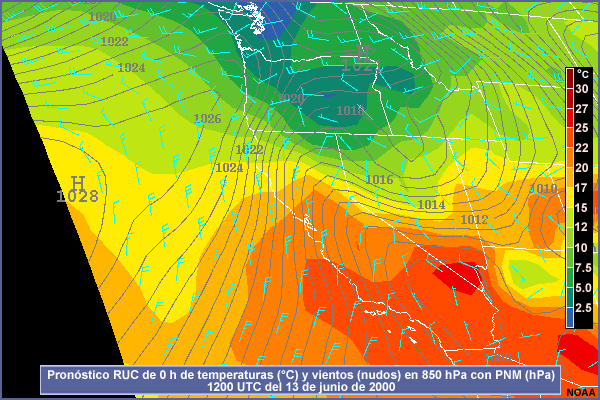 Pronóstico RUC de 0 h de temperaturas (°C) y vientos (nudos) en 850 hPa con PNM (hPa) 1200 UTC del 13 de junio de 2000
