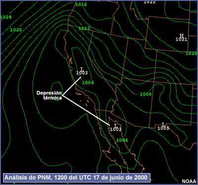 Depresión térmica visible en el análisis de PNM, 1200 del UTC 17 de junio de 2000