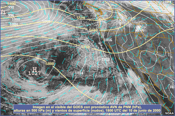 Imagen en el visible del GOES con pronóstico AVN de PNM (hPa), alturas en 500 hPa (m) y vientos de superficie (nudos), 1800 UTC del 10 de junio de 2000