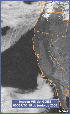 Ejemplo de la fase de preacondicionamiento de la niebla en la costa occidental del continente, imagen VIS del GOES 0000 UTC 15 de junio de 2000