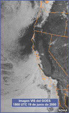 Ejemplo de la fase de preacondicionamiento de la niebla en la costa occidental del continente, imagen VIS del GOES 0000 UTC 15 de junio de 2000