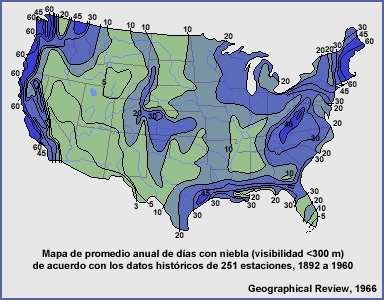 Mapa de promedio anual de días con niebla (visibilidad < 300 m) de acuerdo con los datos históricos de 251 estaciones, 1892 a 1960